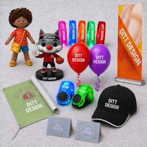  Festival og eventartikler med �DITT DESIGN�: armb�nd, ballonger, caps, banner og figurer p� gr� bakgrunn.