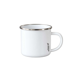 Hvit emaljekopp 350 ml med Fjordview Outdoor-logo og metallkant