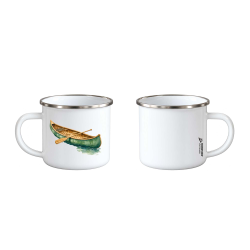 Emaljekopp 350 ml med friluftsmotiv &ndash; forside og bakside med Fjordview Outdoor-logo