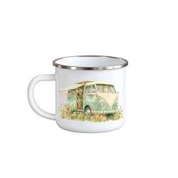 Hvit emaljekopp 350 ml med nostalgisk campingbil og blomster &ndash; Fjordview Outdoor